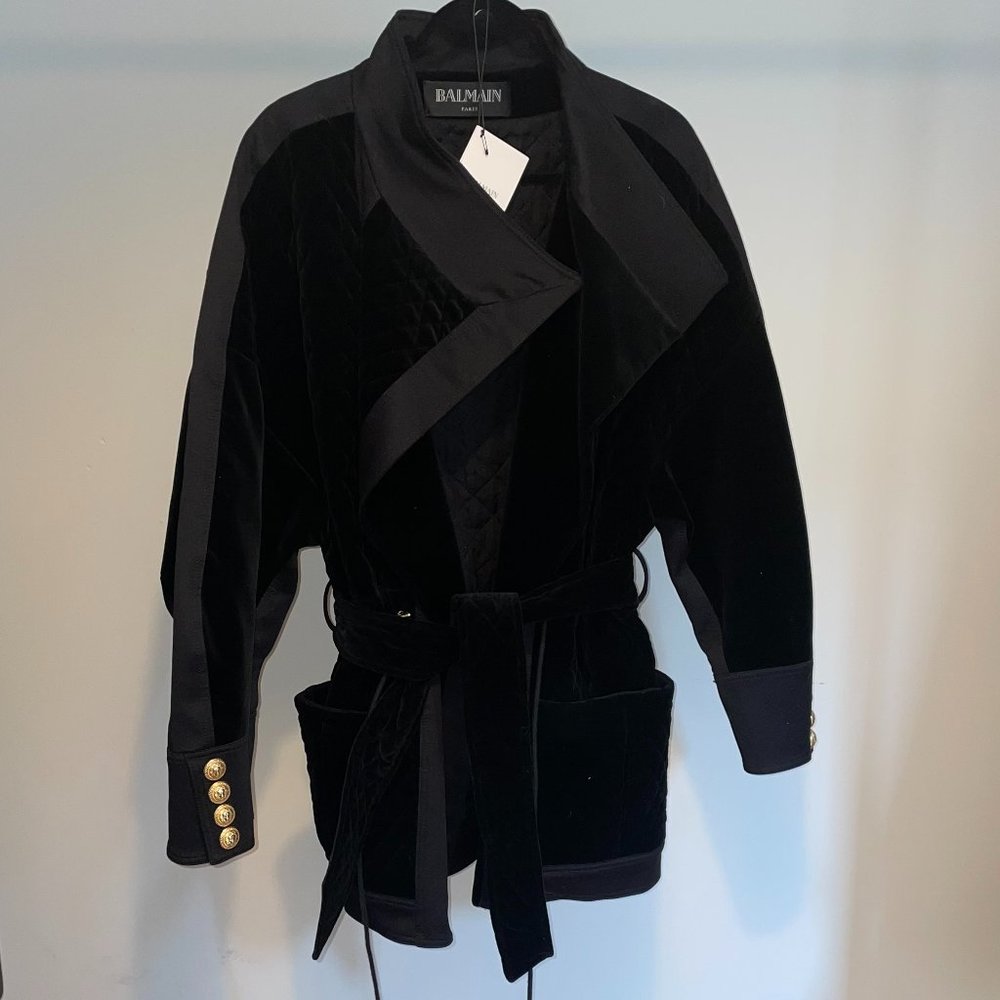 BALMAIN Black Velvet Wrap Coat Quilted